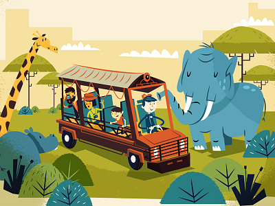 Safari Animals elephant giraffe hippo safari bus savana tourists tree