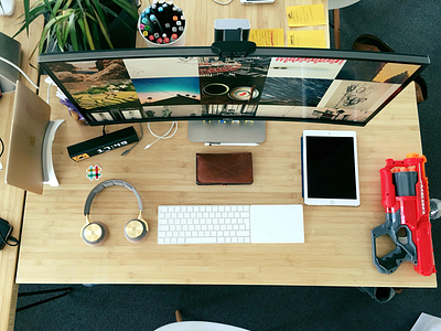 New office, new setup apple desktop display headphone ipad mac macbook nerf office pencil setup slack