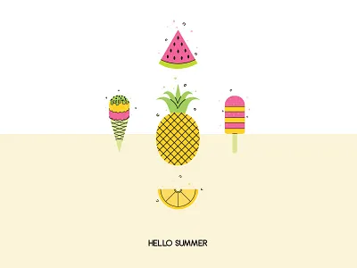 Hello Summer flat icon fresh fruit happy color ice cream lemon pineapple summer sweet watermelon
