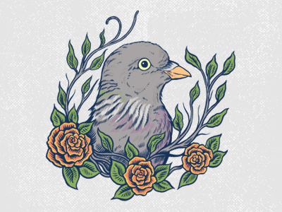 Pidgey crest drawing floral illustration ink pen pigeon rose