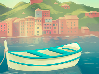 Postcard from Riviera boat illustration sea summer sun town