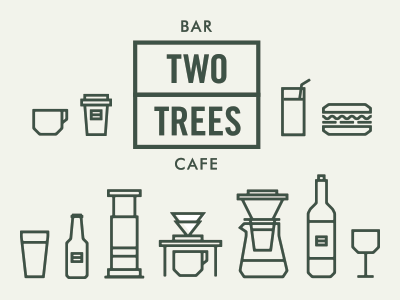 Two trees cafe and bar - logo and icons bar beer cafe coffee food icons logo wine