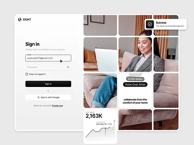 Sign In - Eight Website Design black concept design grey inspiration light mode log in management minimal minimalistic onboarding project management sign in sign up stats ui ui ux uidesign website website design