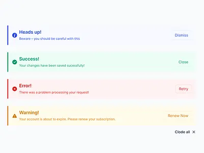 Basic alert (Heads up, Success, Error, Warning) adobexd alert alerts components css design figma illustration landingpage minimal notification saas toast toast alert toast notification trending ui uxdesigner vector web design