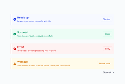 Basic alert (Heads up, Success, Error, Warning) adobexd alert alerts components css design figma illustration landingpage minimal notification saas toast toast alert toast notification trending ui uxdesigner vector web design