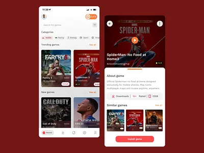 Sleek Game Store App UI action games app design card layout download button engaging experience game categories game details game library game store gaming app interactive ui minimalist interface mobile ui modern layout search feature trending games user friendly ux design ux ui ux ui design