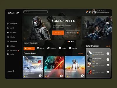 Gaming Dashboard UI Design Concept action games clean layout dashboard design entertainment ui game categories game library game store gamer interface gaming dashboard gaming experience interactive ui modern aesthetic navigation menu popular games responsive design ui ux user interface ux inspiration visual design