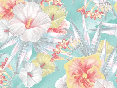 Watercolour Floral Yardage floral flower hawaiian hibiscus palm pastel tropical watercolour