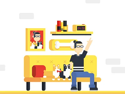 Chilling chill corgi dogs interior metal office room sit sofa vector website yellow