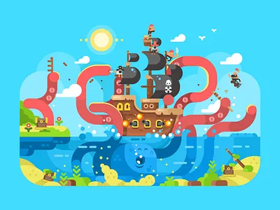 Kraken attack attack character flat illustration kit8 kraken ocean pirates sea ship vector