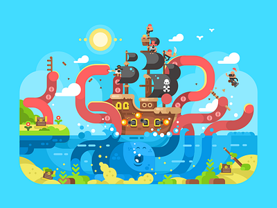 Kraken attack attack character flat illustration kit8 kraken ocean pirates sea ship vector