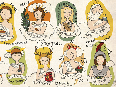 Greek Gods for Oburus Momus ancient greek ancient history artwork cartoon doodle food greek god illustration mythology poseidon restaurant vegan
