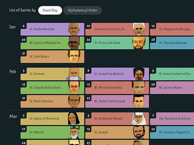 Calendar tile layout catholic colors dark month saints sort