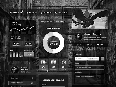 Every UI must look good in B&W! black and white bw chart dark feedback graph interface menu profile site statistics ui kit