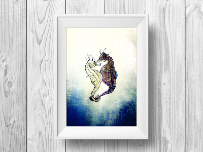 Kissing Seahorses kissing mixed media nature pen and ink pencil seahorse seahorses underwater