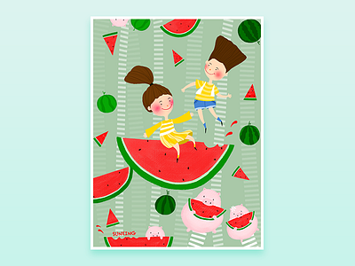 This watermelon is really sweet！ summer，girl，watermelon，pig