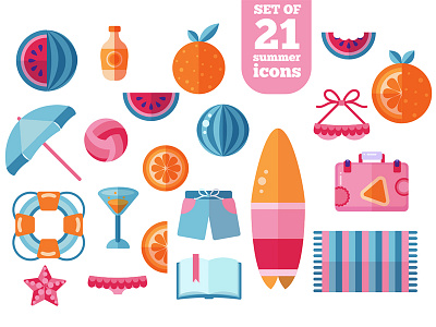 Summer Icons beach creative market flat icon suitcase summer suncream surfboard surfing