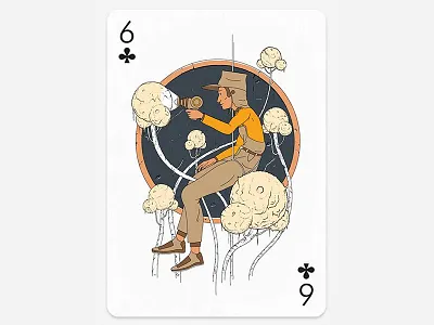 6 of clubs arts card character clubs garden gardener gun person playing poker sci fi trees