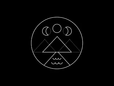 Drifting in the Push badge icon line drawing moon mountain scene river sun