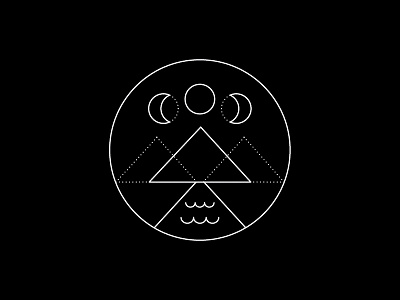 Drifting in the Push badge icon line drawing moon mountain scene river sun