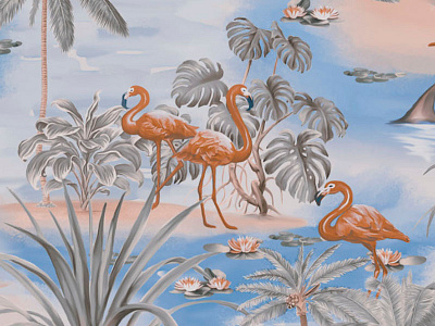 Flamingo Yardage bird digital painting flamingo hawaiian lily palm tropical vintage