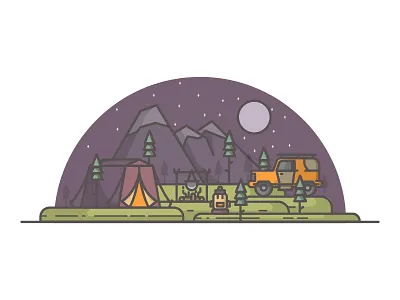 Camping backpack camping car moon mountains nature summer trees