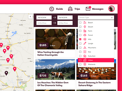 Explore Page - Terrain Dropdown dropdown filters icons illustration minimal raspberry travel ui ux