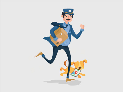 Postman and Dog 2d animal character cute design dog illustration mail man mustache parcel people