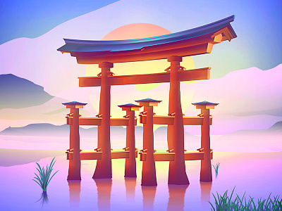 Torii bright colorful dawn gate itsukushima japan lake landscape morning shrine torii vector