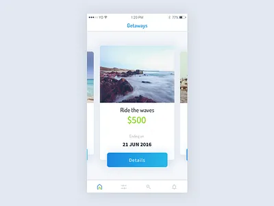 Getaways app cards dailyui getaways gradient icons iphone shadow sketch travel ui wanderlust