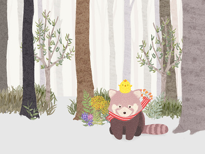 Lesser panda animal app chick cute flap flower forest illustration kids lesser panda painting roopibi