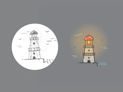 Lighthouse - From Sketch To Result badge building icon infographic infographics light lighthouse marine pictogram sea shore sketch