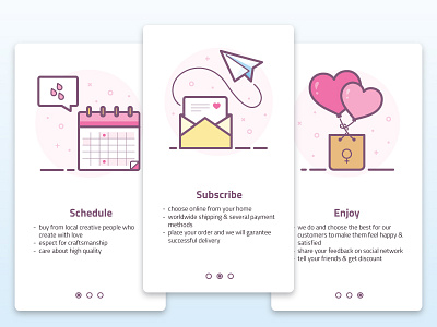 Onboarding "How it works" Women's product balloons calendar email enjoy how it works mail package periods product schedule subscribe women