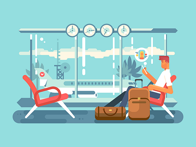 Waiting at airport airport character departure flat illustration kit8 man plane vector vocation waiting