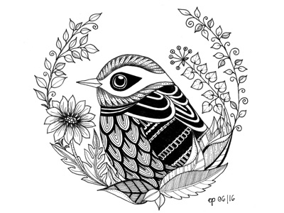 Garden Bird animal bird black drawing floral flowers hand drawn illustration leaves monochrome nature