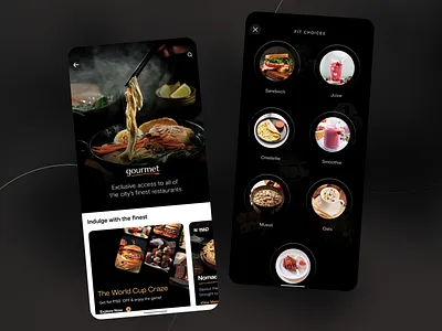 Gourmet - Food Delivery App black theme delivery dining exclusive food app juice mobile app mobile design modern app muesli oats omelette restaurant restaurant app sandwich sleek look smoothie user experience user interface uxui