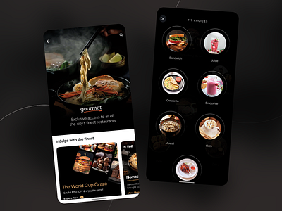 Gourmet Food Delivery App black theme delivery design dining exclusive food app juice mobile app mobile design modern app muesli oats omelette restaurant sleek look ui user experience user interface ux uxui