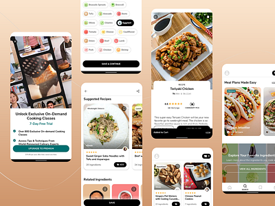 Interactive Recipe & Cooking App ad cheerful design cooking cooking app cooking experts design food discovery food photography ingredients mobile app design on demand cooking rating system recipe recipe list search page subscription trial ptomotion ui ux uxui