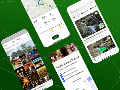 Hiking and Navigation App Design app app design app interface design green background hiking hiking app live stats map mobile app navigation photo upload subscription trail trail navigation trail photography trails ui ui design ux uxui