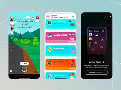 Mobile Gaming App app avatar images cartoon style design game invite game ranking game selection gamification gaming homescreen live support chat mobile app design multiplayer playful design ui ui design update alert ux ux design uxui