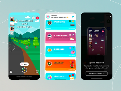 Mobile Gaming App app avatar images cartoon style design game invite game ranking game selection gamification gaming homescreen live support chat mobile app design multiplayer playful design ui ui design update alert ux ux design uxui