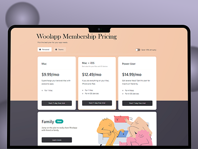 Woolapp Membership Pricing Page design family plan landing page mac membership personal power use pricing pricing page pricing table product pricing subscription subscription options team plans trial offer ui design user interface ux ux design uxui