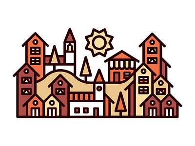 Little Town bell community house kevinmoran red store sun tower town vector windows