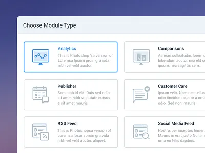 Select Module - Web App Product UI Design choose dashboard data form grid interface mobile module product type visualization