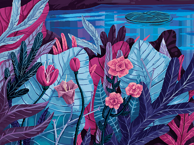 Lakeside Flowers blue decorative flower illustration lake painting pink vegetation yum