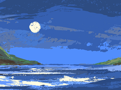 Seascape brushes bushes dusk lake ocean painting texture tree vector