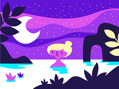 Summer nights illustration moon pink purple summer water