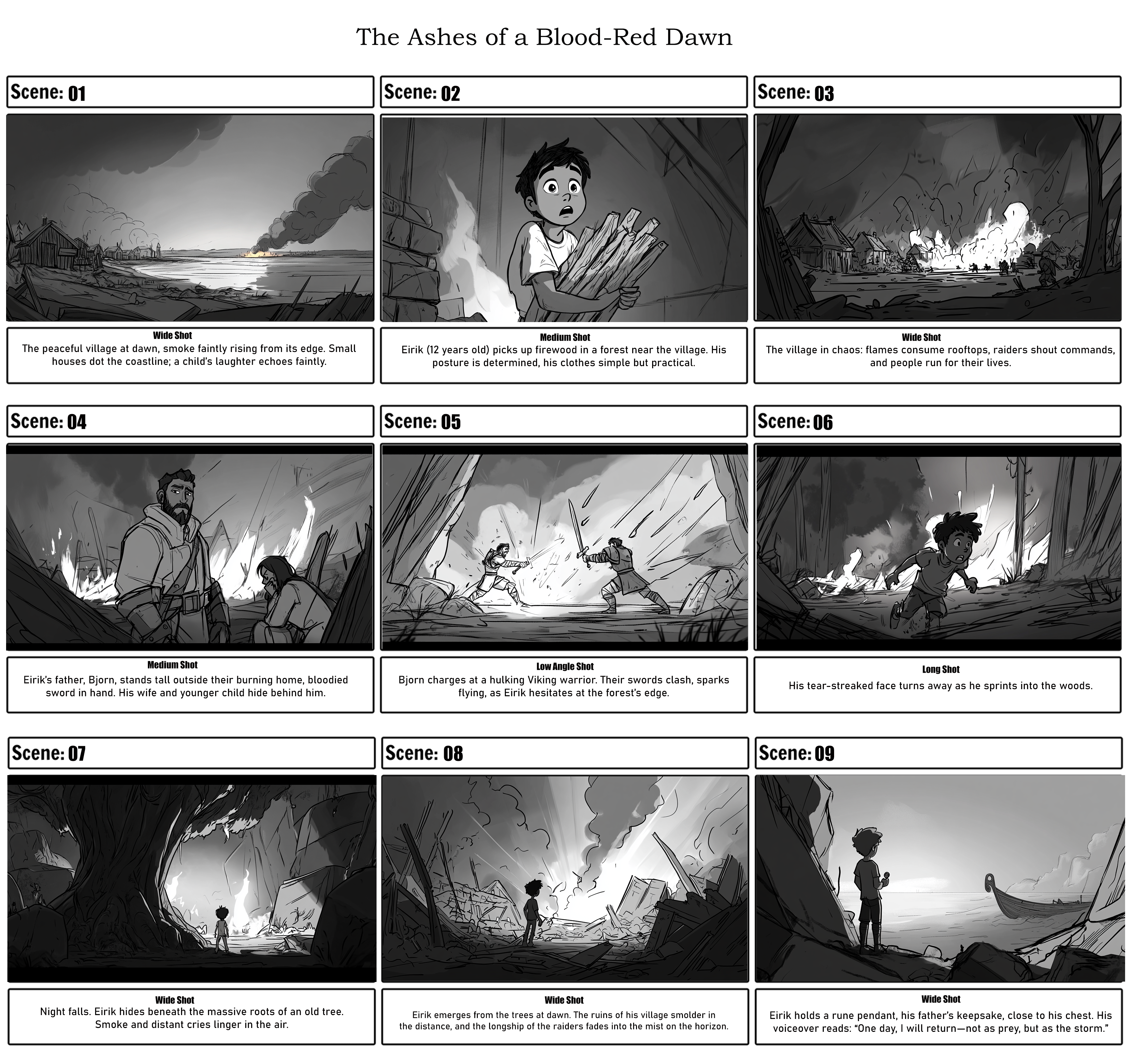 The Ashes of a Blood-Red Dawn - Storyboard 2d anime blacn and white illustration branding concept art design fantasy art graphic design illustration line art logo storyboarding storyboarding template ui