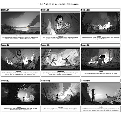 The Ashes of a Blood-Red Dawn - Storyboard 2d anime blacn and white illustration branding concept art design fantasy art graphic design illustration line art logo storyboarding storyboarding template ui