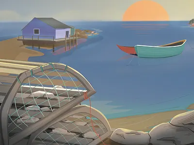Newfoundland Fishing Village boats environmental art fishing fog illustrator lobster newfoundland ocean seascape shoreline sunrise water